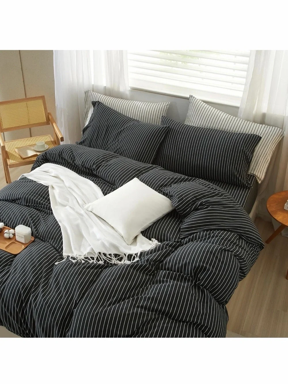 Heathered Charcoal White Stripes King Jersey Knit Cotton Duvet Cover Set